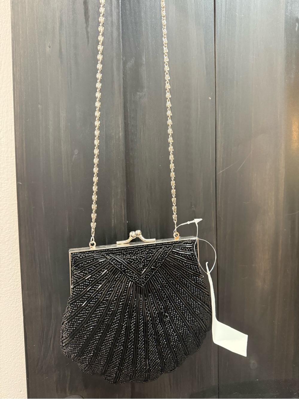 Black Beaded Evening Crossbody Bag with Silver Chain NWT